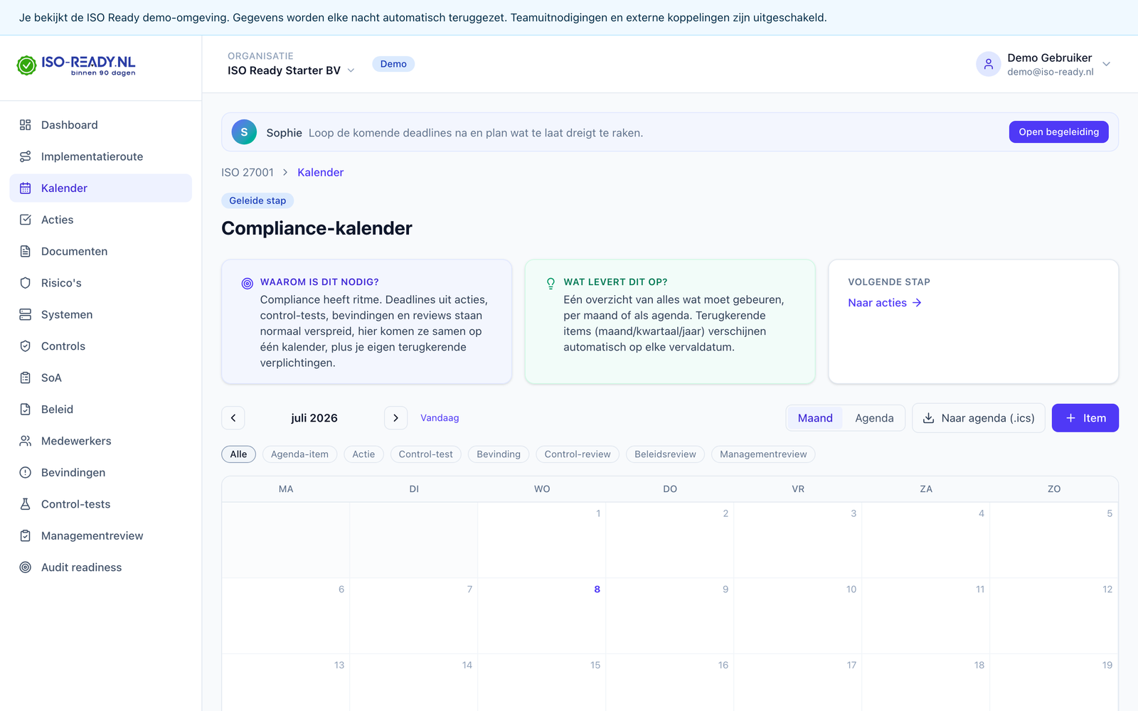 Kalender met planning in ISO Ready